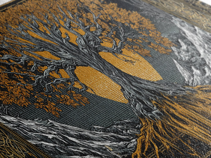 Yggdrasil Canvas Gold Art Nordic Wall Decor, Viking Mythology Canvas Art Framed in Natural Wood, Man Cave or Office Art