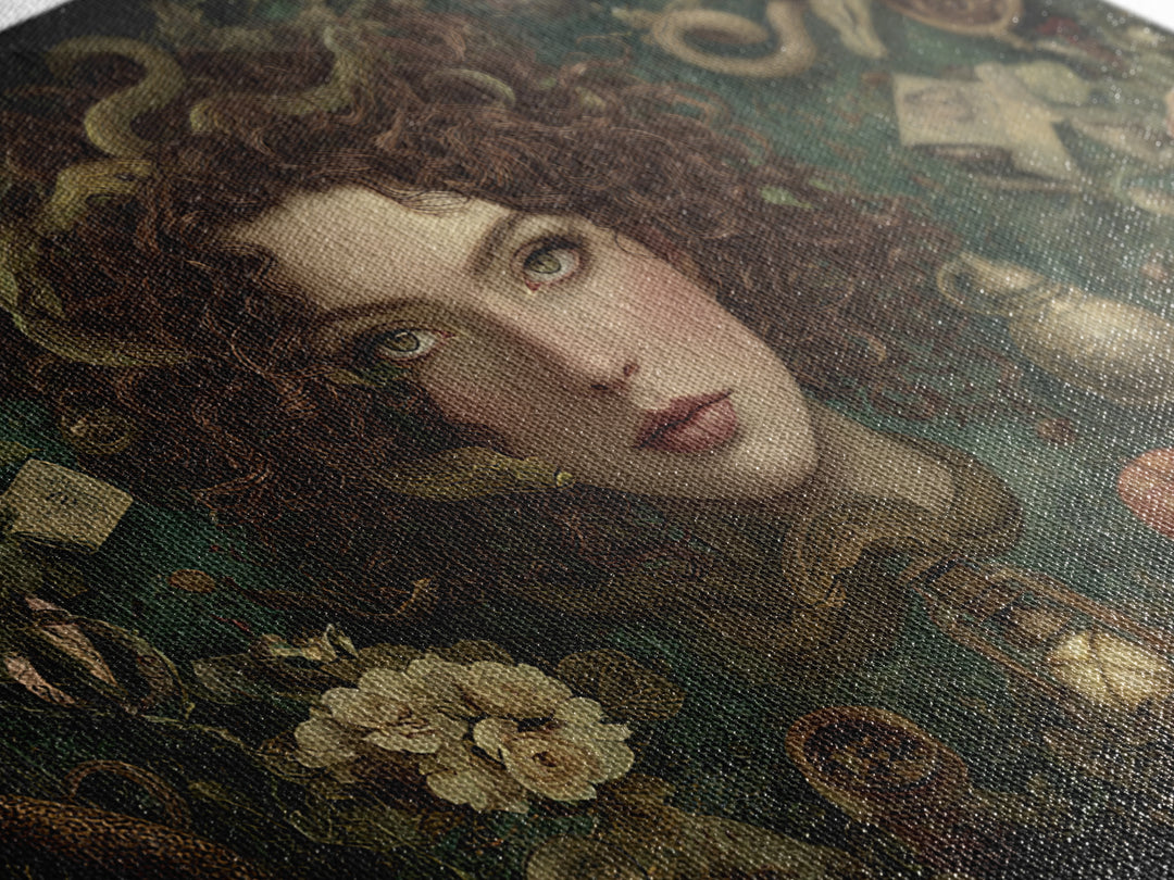 Medusa Portrait with Serpents and Tragic Beauty Canvas Print, Mythological Art, Home Decor, Living Room Decor, Legend, MYT-3x2-77