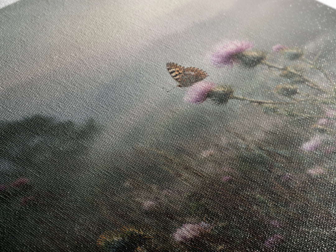 Butterfly Resting on a Blooming Thistle Framed Canvas Print, Nature Art, Mountain Art, Living Room Decor, Watercolor Art, NAT-1x1-100