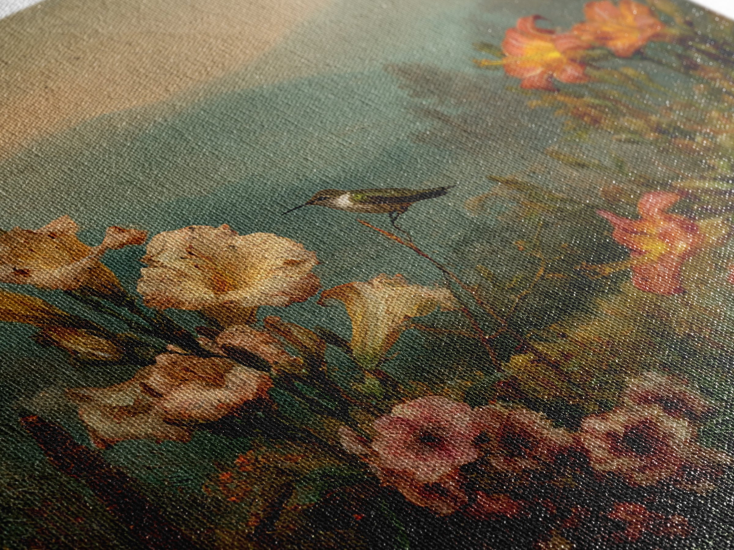 Hummingbird Beside Bright Trumpet Flowers Framed Canvas Print, Nature Art, Art, Living Room Decor, Oil Painting, Nature, NAT-1x1-12
