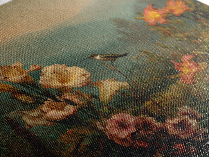 Hummingbird Beside Bright Trumpet Flowers Framed Canvas Print, Nature Art, Art, Living Room Decor, Oil Painting, Nature, NAT-1x1-12