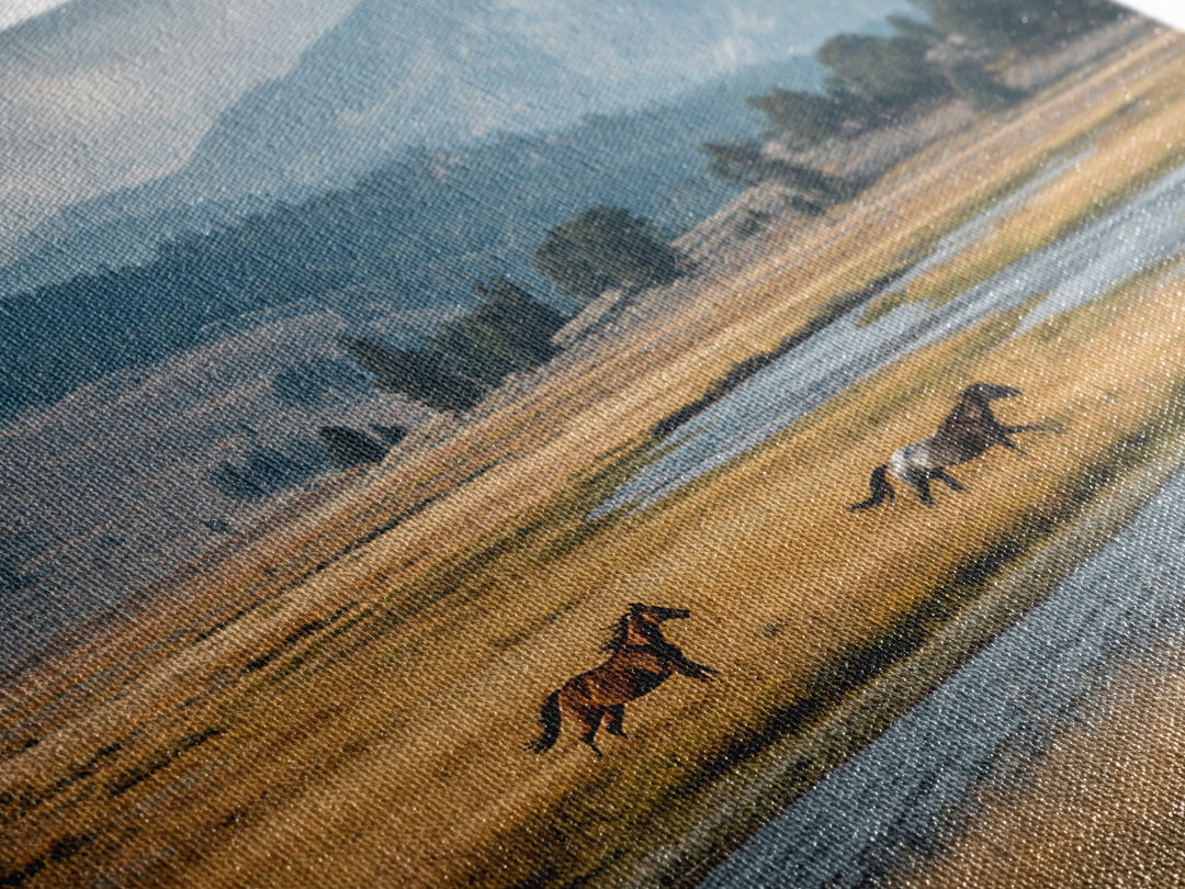 Wild Horses Running Near Mountain Ridge Canvas Print, Nature Art, Modern Wall Art, Living Room Decor, Fine Art, Nature, NAT-1x1-22