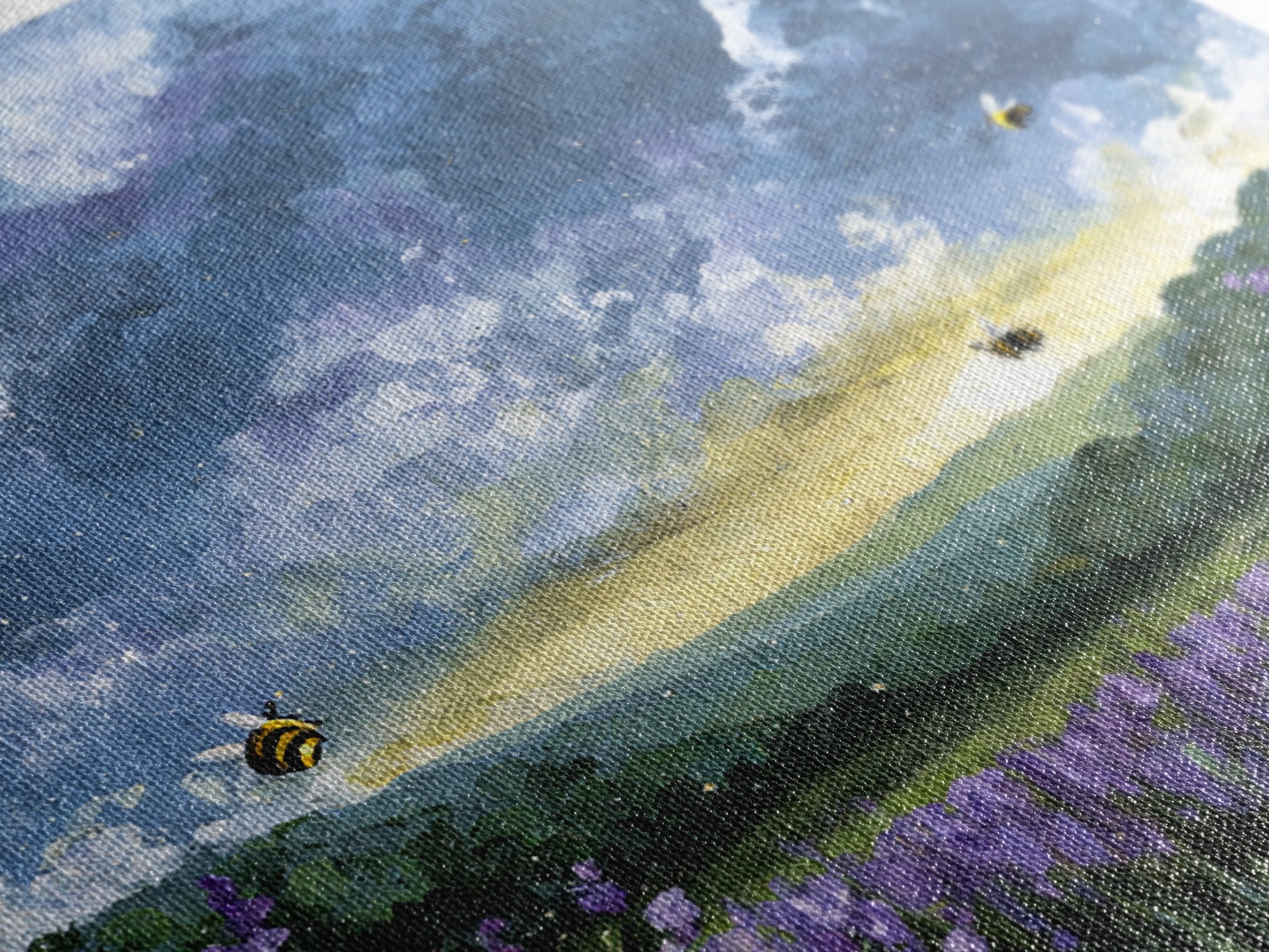 Bees Circling Lavender Blossoms Canvas Print, Nature Art, Original Painting, Living Room Decor, Nature, Mountain Wall Art, NAT-1x1-23