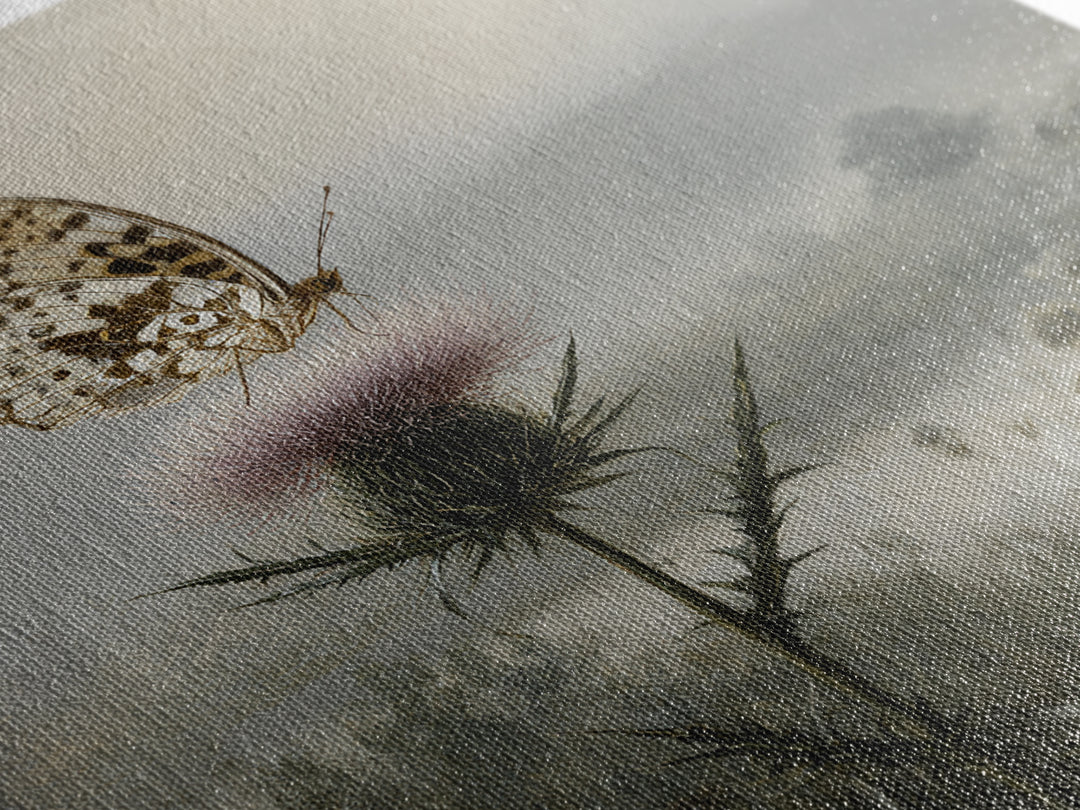 Butterfly Resting on a Blooming Thistle Framed Canvas Print, Nature Art, Living Room Decor, Oil Painting, Nature, NAT-1x1-28