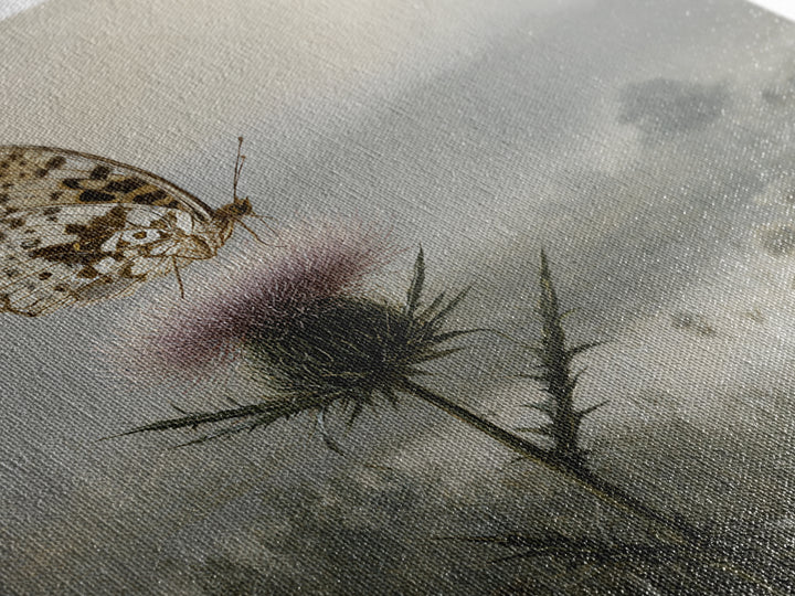 Butterfly Resting on a Blooming Thistle Framed Canvas Print, Nature Art, Living Room Decor, Oil Painting, Nature, NAT-1x1-28