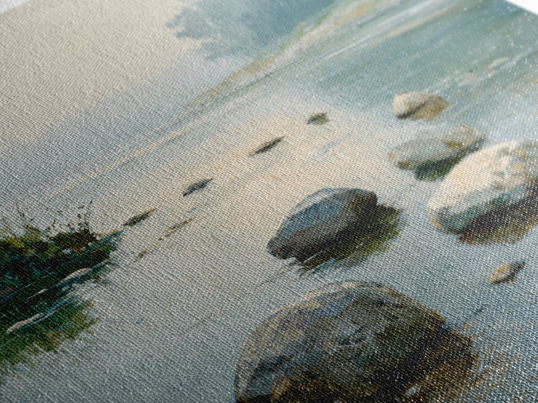 River Stones under Clear Shallow Water Framed Canvas Print, Nature Art, Mountain Art, Living Room Decor, Oil Painting, Nature, NAT-1x1-37