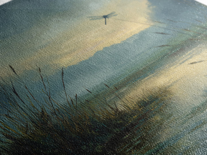 Dragonfly over a Pond with Reeds Framed Canvas Print, Nature Art, Moss Art, Living Room Decor, Abstract Art, Nature, NAT-1x1-42