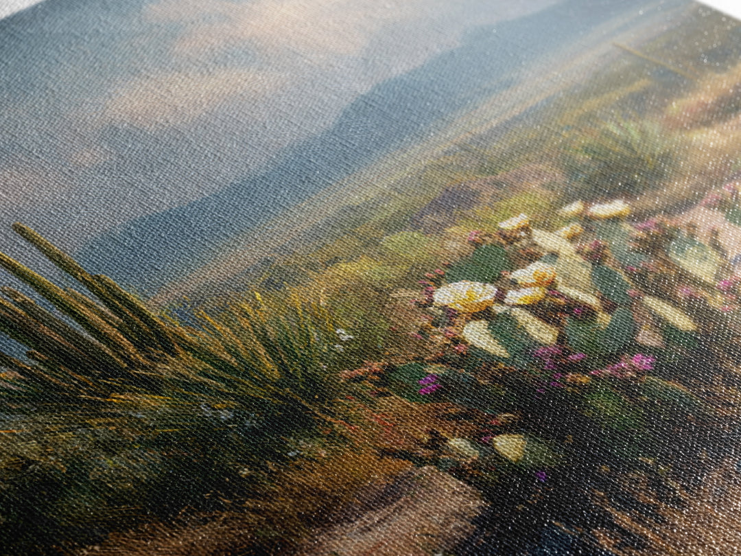 Desert Cactus Blooming After Rain Framed Canvas Print, Nature Art, Moss Art, Living Room Decor, Oil Painting, Nature, NAT-1x1-68