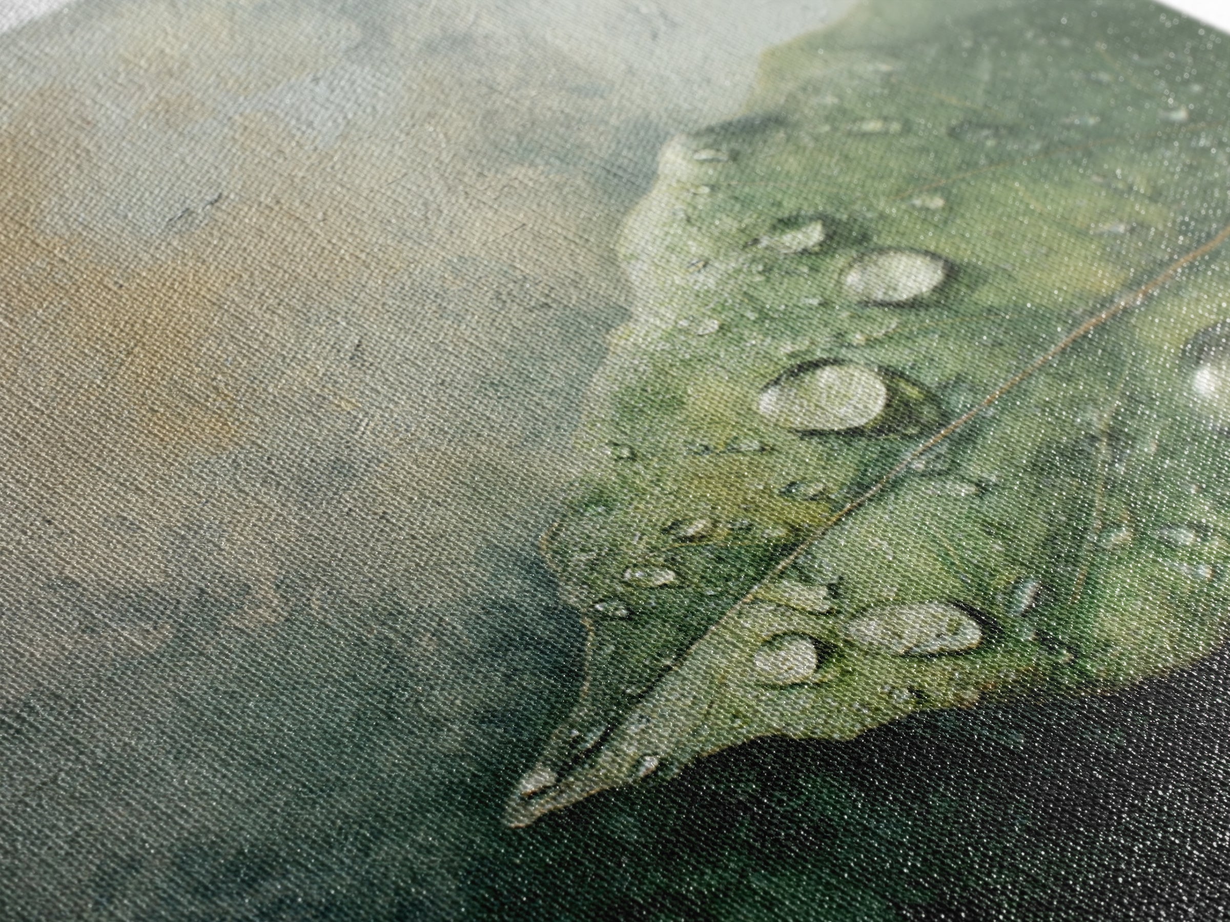 Rain Drops on a Large Green Leaf Canvas Print, Nature Art, Textured Painting, Living Room Decor, Oil Painting, Nature, NAT-1x1-81
