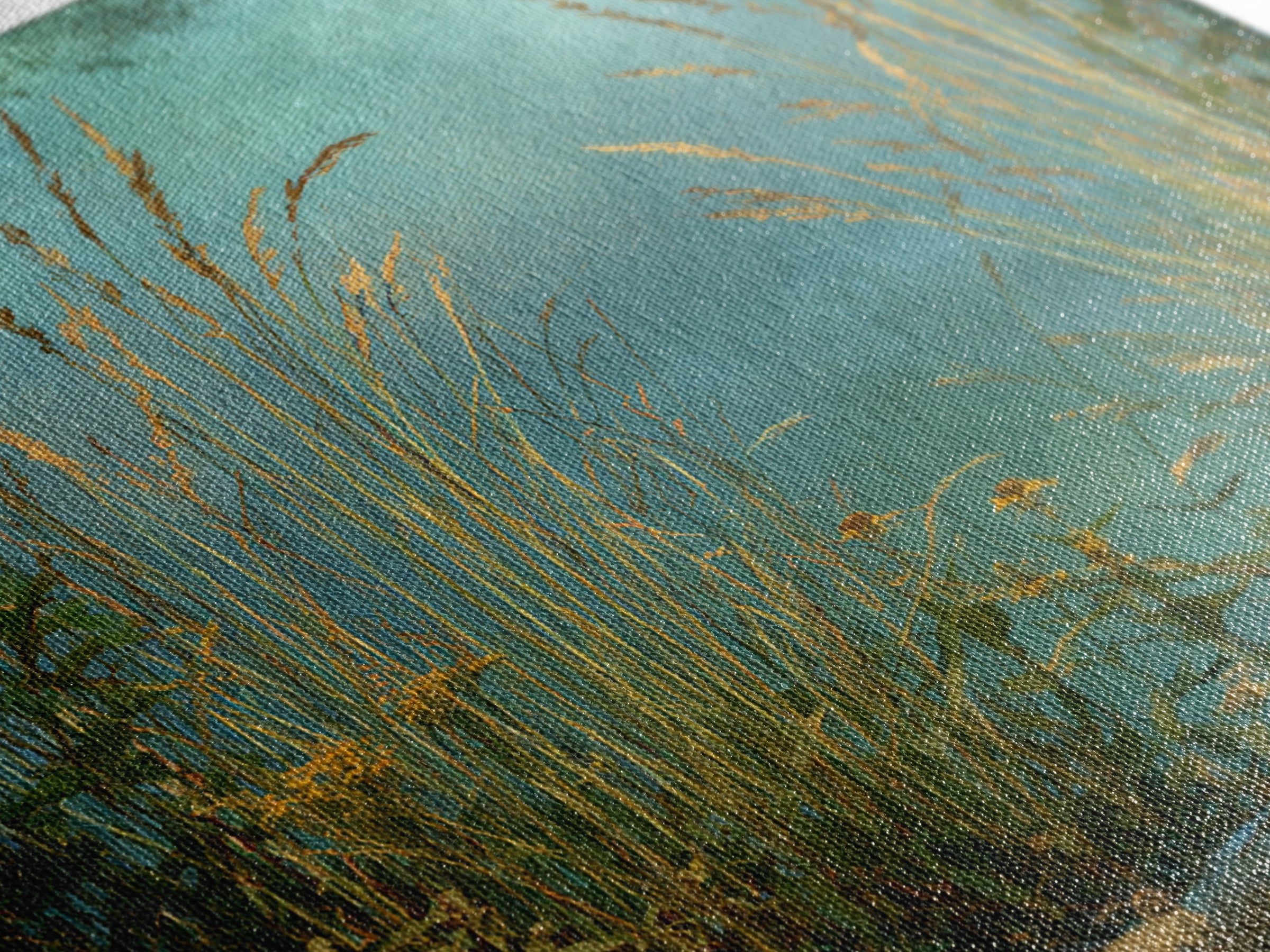 Sunrise Through Tall Grass and Wildflowers Framed Canvas Print, Nature Art, Statement Artwork, Living Room Decor, Oil Painting, NAT-1x1-83