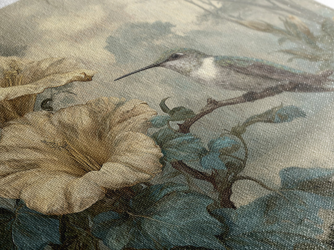 Hummingbird Beside Bright Trumpet Flowers Framed Canvas Print, Nature Art, Ocean Art, Living Room Decor, Fine Art, Nature, NAT-1x1-84
