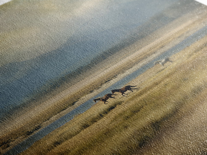 Wild Horses Running Near Mountain Ridge Canvas Print, Nature Art, Landscape Print, Living Room Decor, Fine Art, Nature, NAT-1x1-94