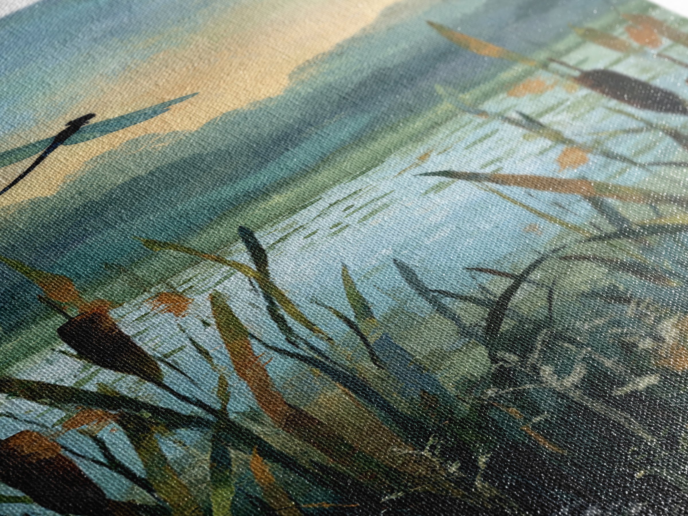 Dragonfly over a Pond with Reeds Framed Canvas Print, Nature Art, Botanical Art, Living Room Decor, Oil Painting, Nature, NAT-1x3-30