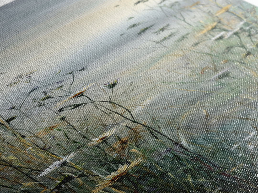 Sunrise Through Tall Grass and Wildflowers Framed Canvas Print, Nature Art, Living Room Decor, Watercolor Art, Nature, NAT-1x3-47