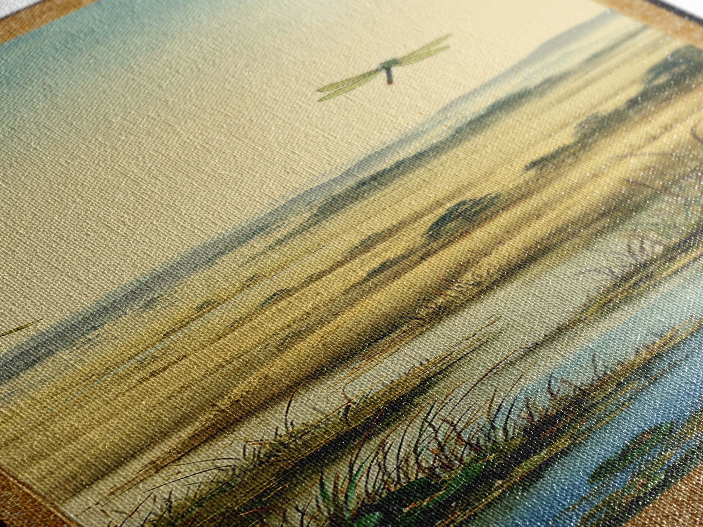 Dragonfly over a Pond with Reeds Framed Canvas Print, Nature Art, Botanical Art, Living Room Decor, Oil Painting, Nature, NAT-1x3-54