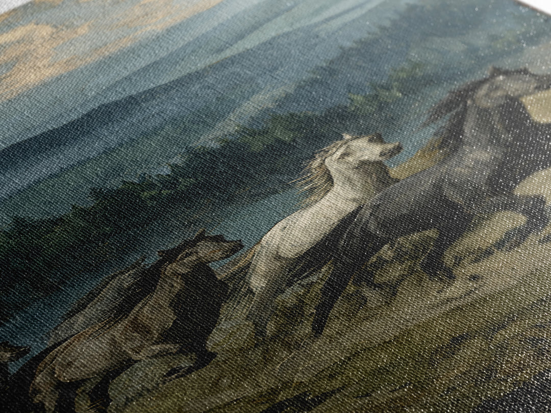 Wild Horses Running Near Mountain Ridge Framed Canvas Print, Nature Art, Digital Download Art, Living Room Decor, NAT-1x3-58