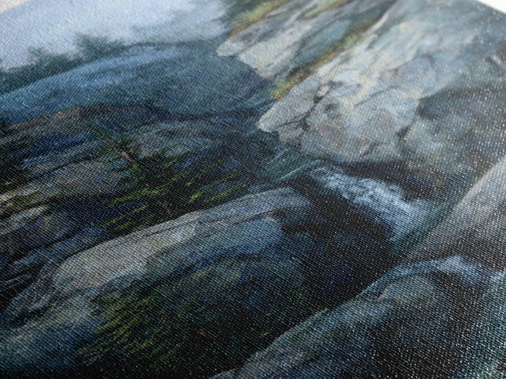 Waterfall Hidden Among Dark Green Rocks Framed Canvas Print, Nature Art, Botanical Art, Living Room Decor, Fine Art, Nature, NAT-1x3-87