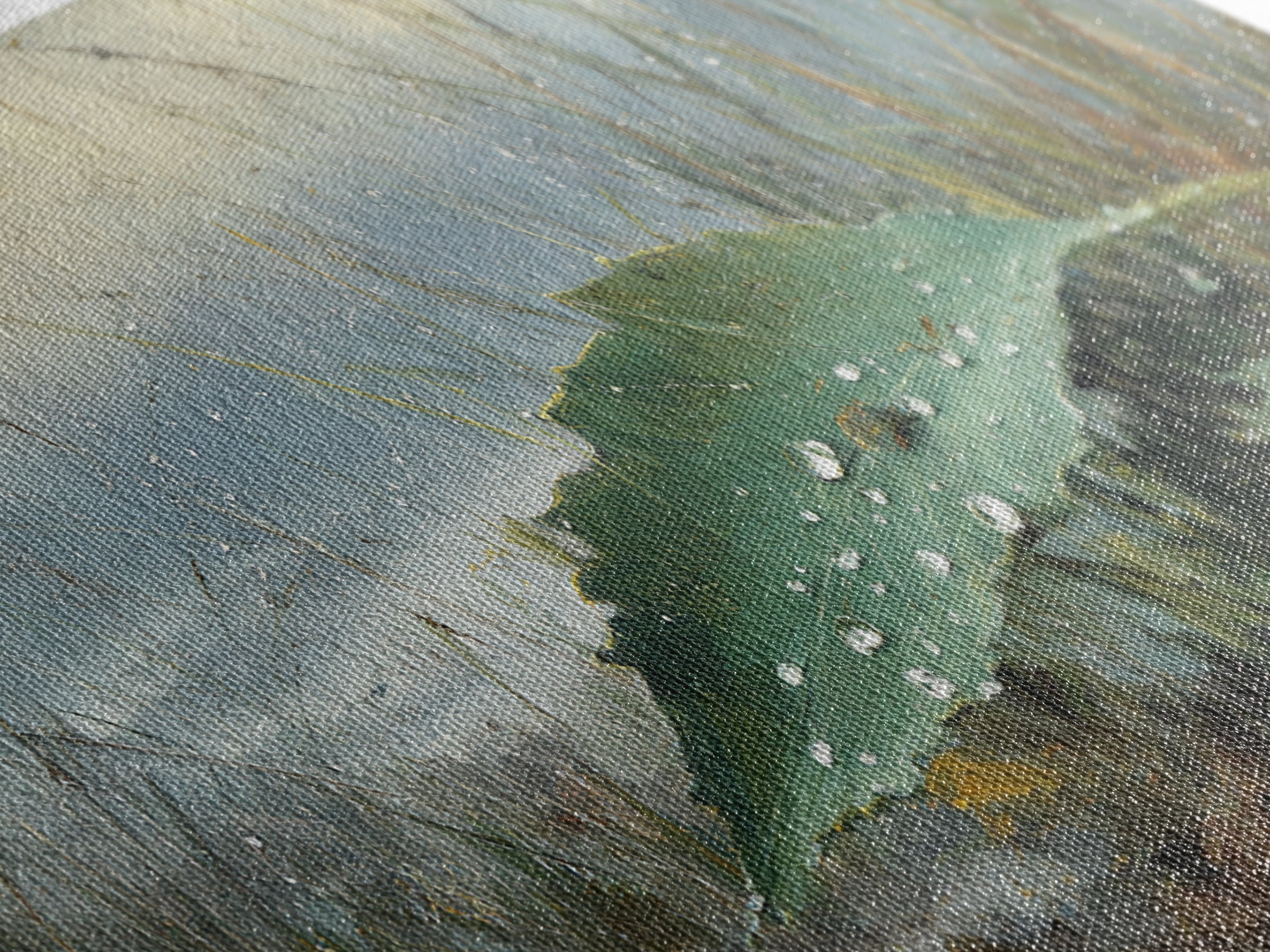 Rain Drops on a Large Green Leaf Canvas Print, Nature Art, Wall Hangings, Living Room Decor, Watercolor Art, Nature, NAT-2x1-53