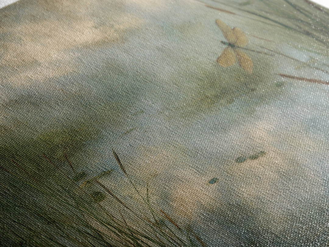 Dragonfly over a Pond with Reeds Canvas Print, Nature Art, Room Decor, Living Room Decor, Oil Painting, Nature, Wall Hangings, NAT-2x1-62