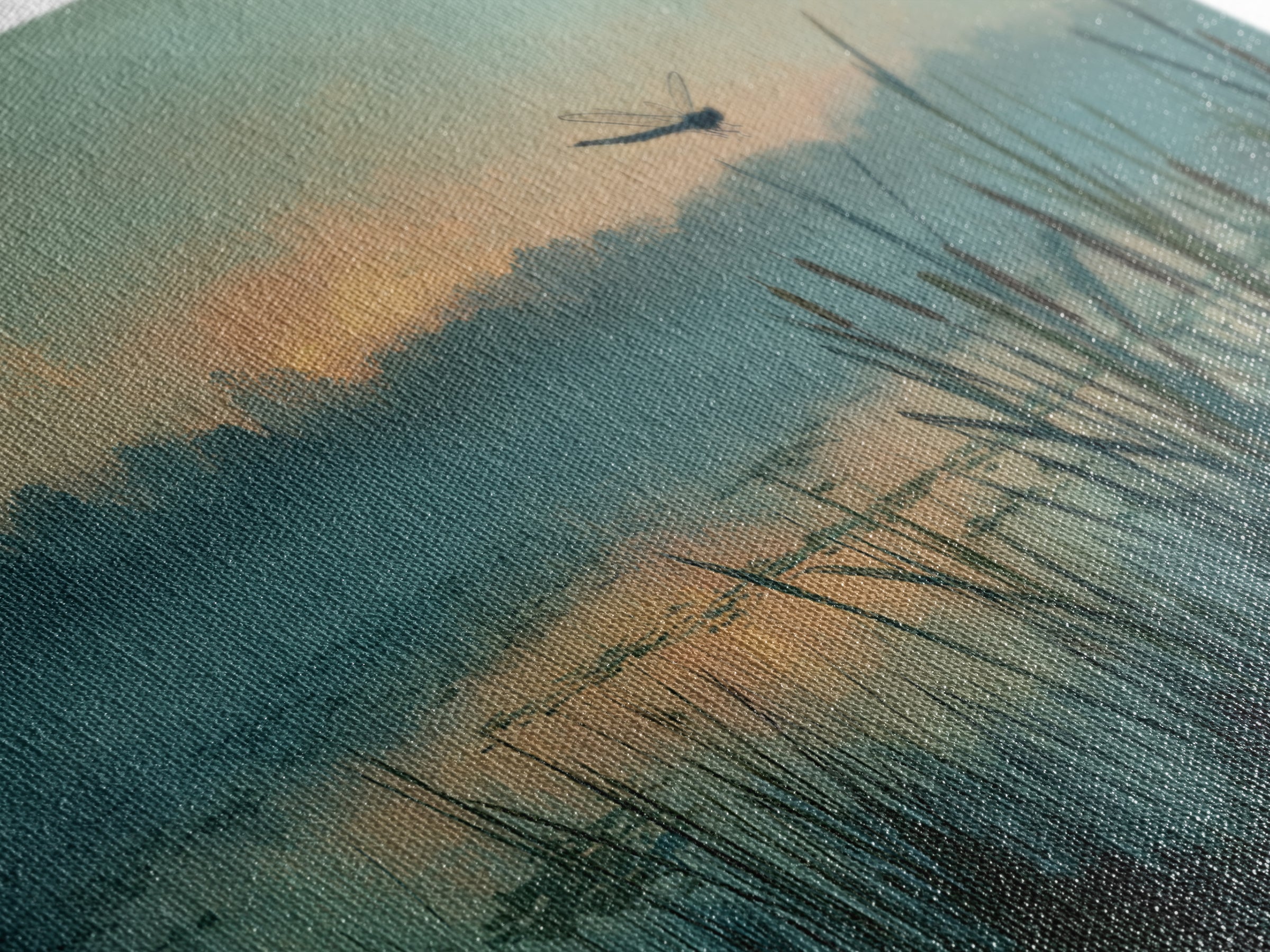 Dragonfly over a Pond with Reeds Framed Canvas Print, Nature Art, Home Decor, Living Room Decor, Nature, Abstract Wall Art, NAT-2x1-86