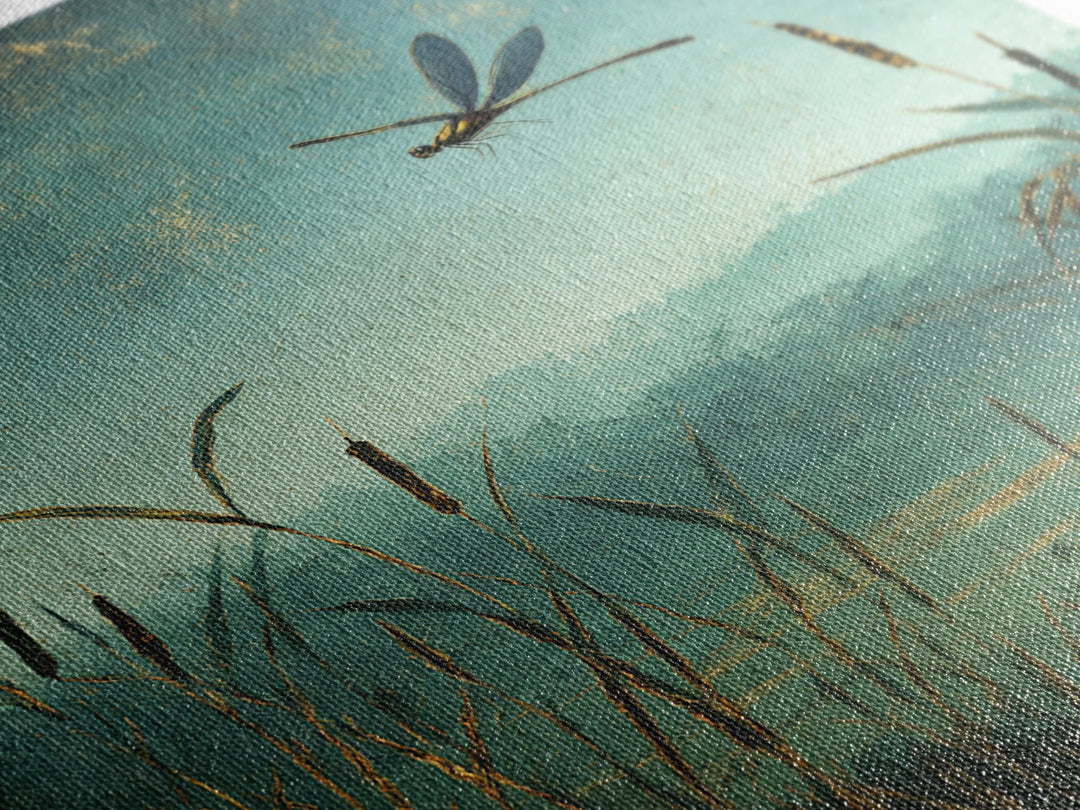 Dragonfly over a Pond with Reeds Framed Canvas Print, Nature Art, Boho Decor, Living Room Decor, Abstract Art, Nature, NAT-2x3-2