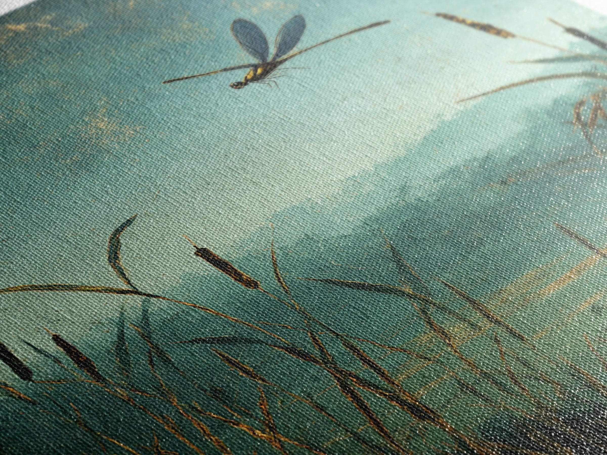 Dragonfly over a Pond with Reeds Framed Canvas Print, Nature Art, Boho Decor, Living Room Decor, Abstract Art, Nature, NAT-2x3-2