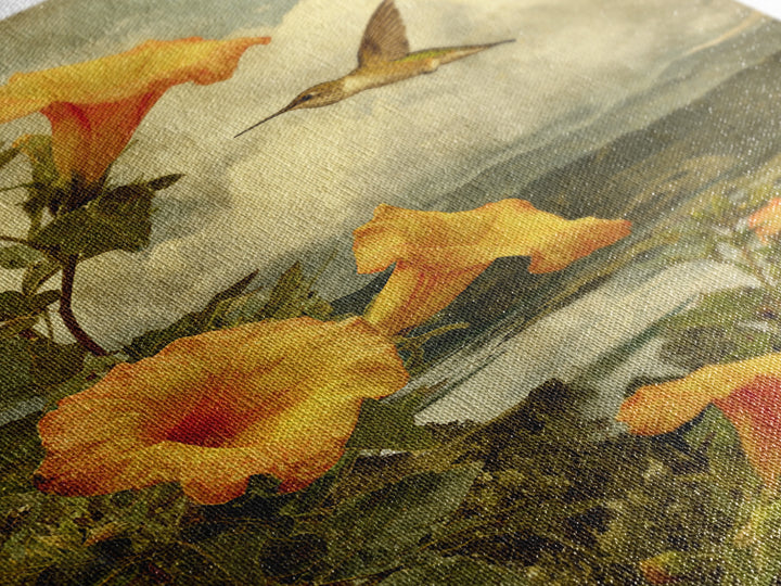 Hummingbird Beside Bright Trumpet Flowers Framed Canvas Print, Nature Art, Mushroom, Living Room Decor, Watercolor Art, Nature, NAT-2x3-20