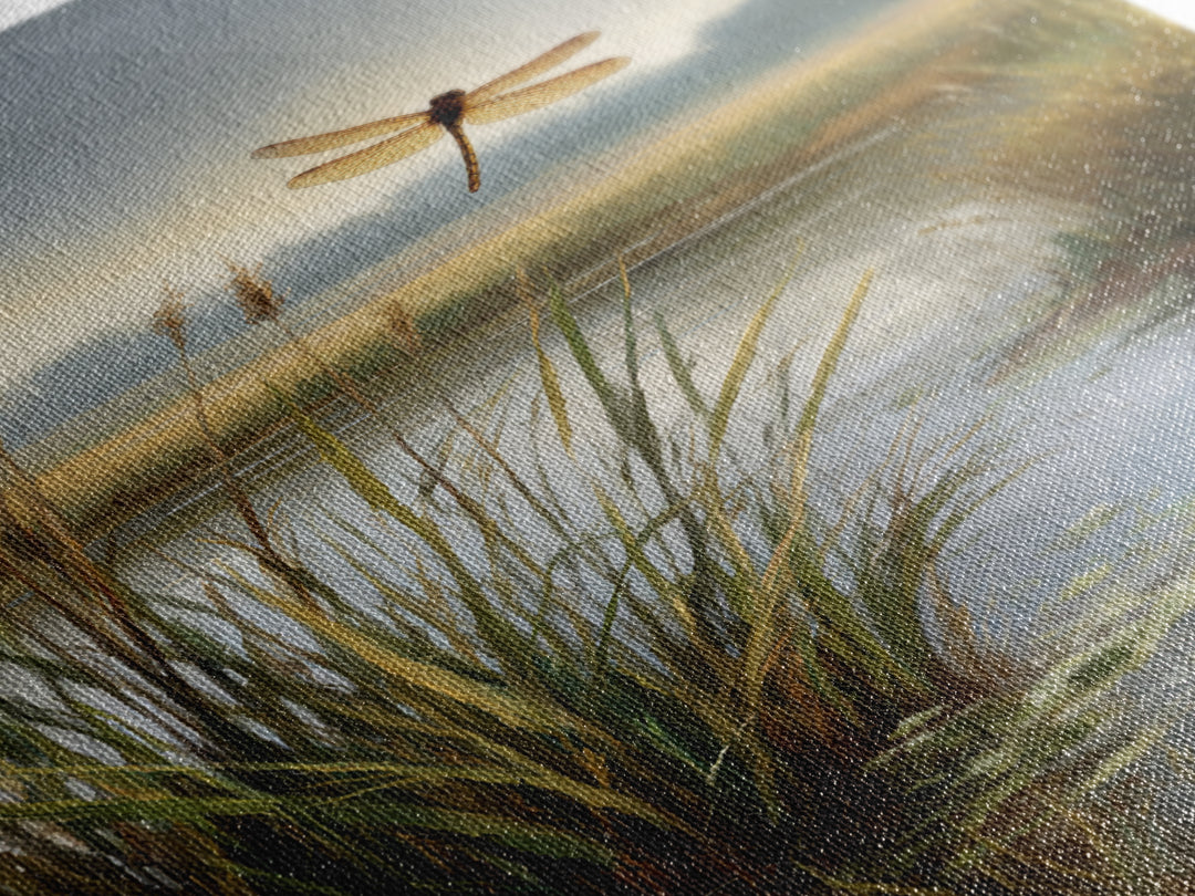 Dragonfly over a Pond with Reeds Framed Canvas Print, Nature Art, Boho Decor, Living Room Decor, Abstract Art, Nature, NAT-2x3-26