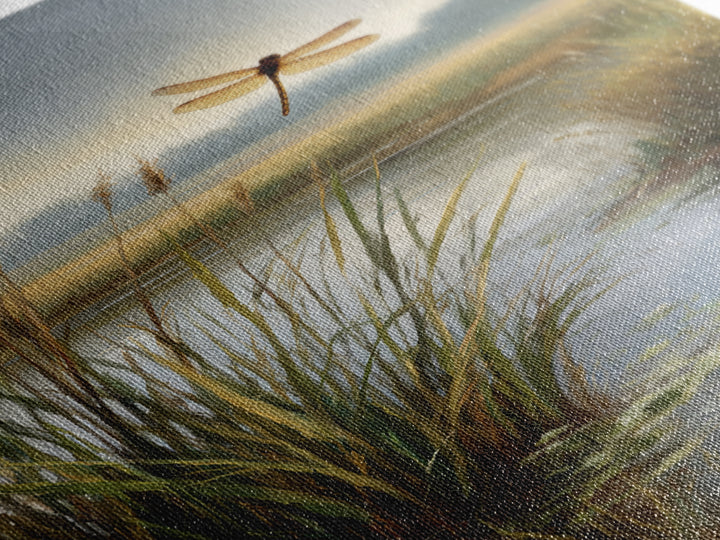 Dragonfly over a Pond with Reeds Framed Canvas Print, Nature Art, Boho Decor, Living Room Decor, Abstract Art, Nature, NAT-2x3-26