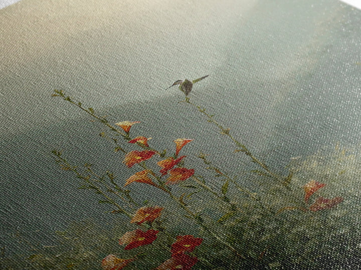 Hummingbird Beside Bright Trumpet Flowers Framed Canvas Print, Nature Art, Landscape Print, Living Room Decor, Watercolor Art, NAT-2x3-44