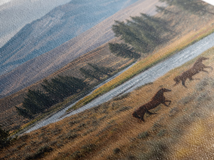 Wild Horses Running Near Mountain Ridge Canvas Print, Nature Art, Minimalist Decor, Living Room Decor, Fine Art, Nature, NAT-2x3-54