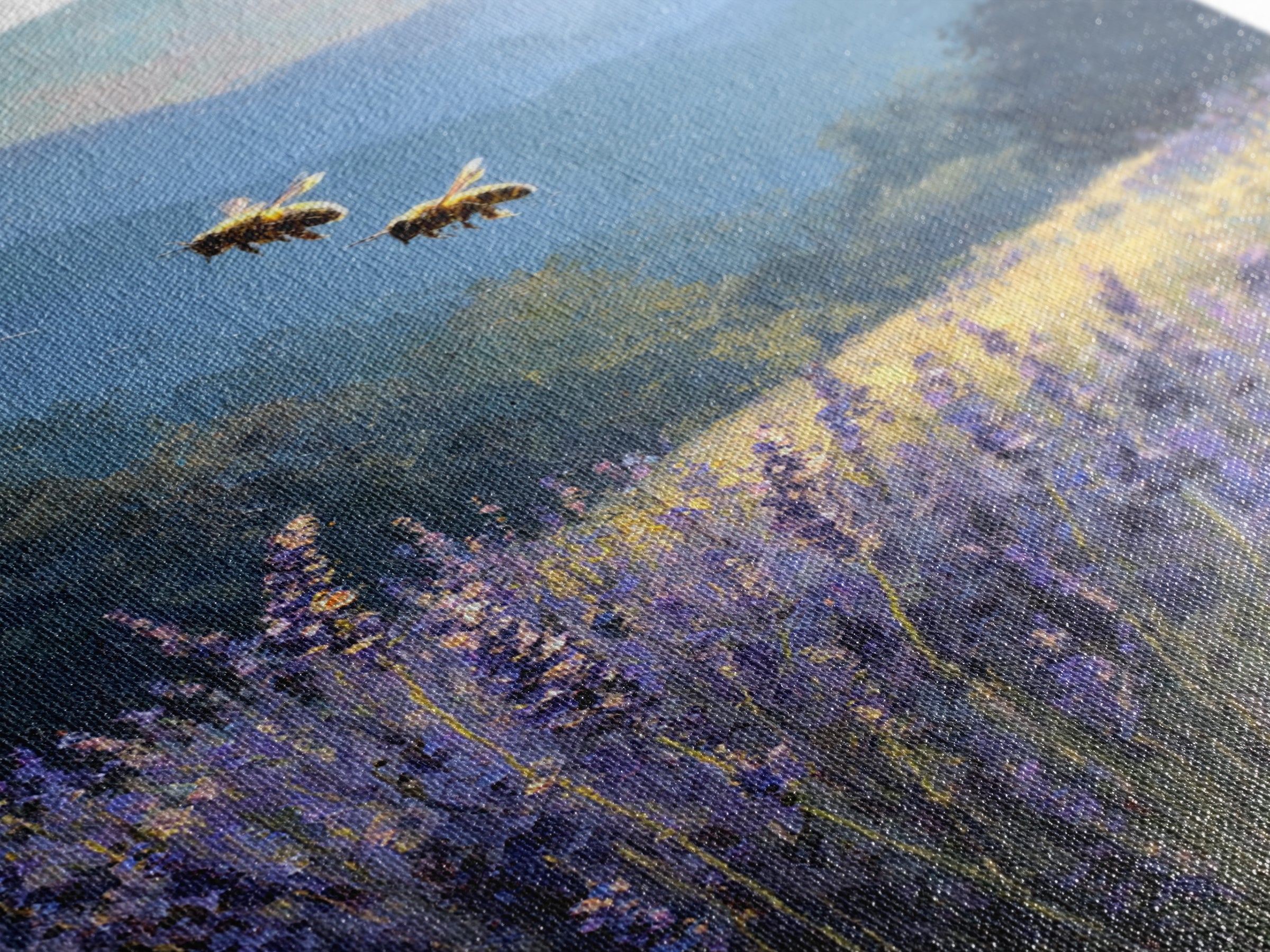 Bees Circling Lavender Blossoms Framed Canvas Print, Nature Art, Textured Painting, Living Room Decor, Fine Art, Nature, NAT-2x3-55
