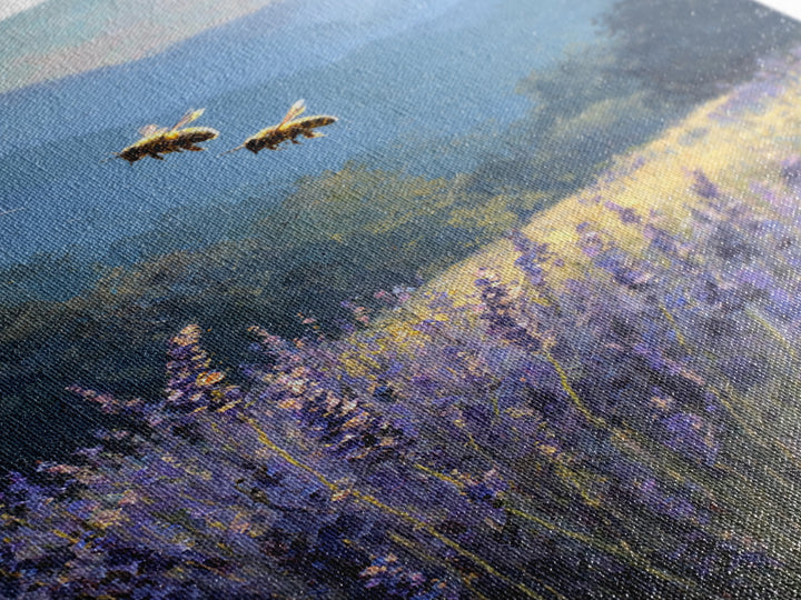 Bees Circling Lavender Blossoms Framed Canvas Print, Nature Art, Textured Painting, Living Room Decor, Fine Art, Nature, NAT-2x3-55