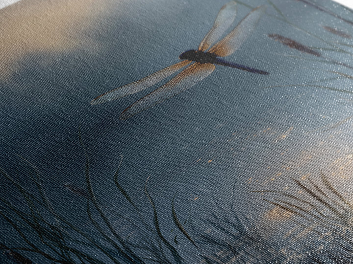 Dragonfly over a Pond with Reeds Framed Canvas Print, Nature Art, Art, Living Room Decor, Watercolor Art, Nature, 3d Wall Art, NAT-2x3-74