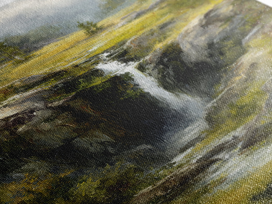 Waterfall Hidden Among Dark Green Rocks Framed Canvas Print, Nature Art, Abstract Wall Art, Living Room Decor, Abstract Art, NAT-2x3-83