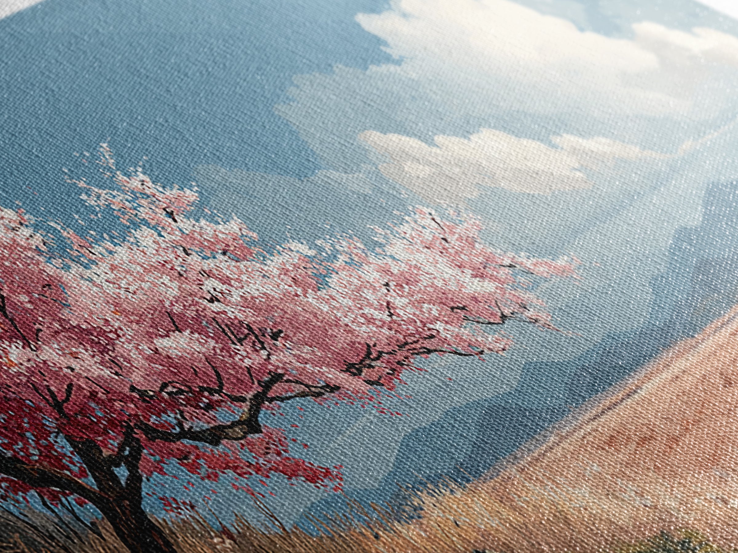Spring Cherry Blossoms Framed Canvas Print, Nature Art, Landscape Print, Living Room Decor, Watercolor Art, Nature, NAT-3x1-32