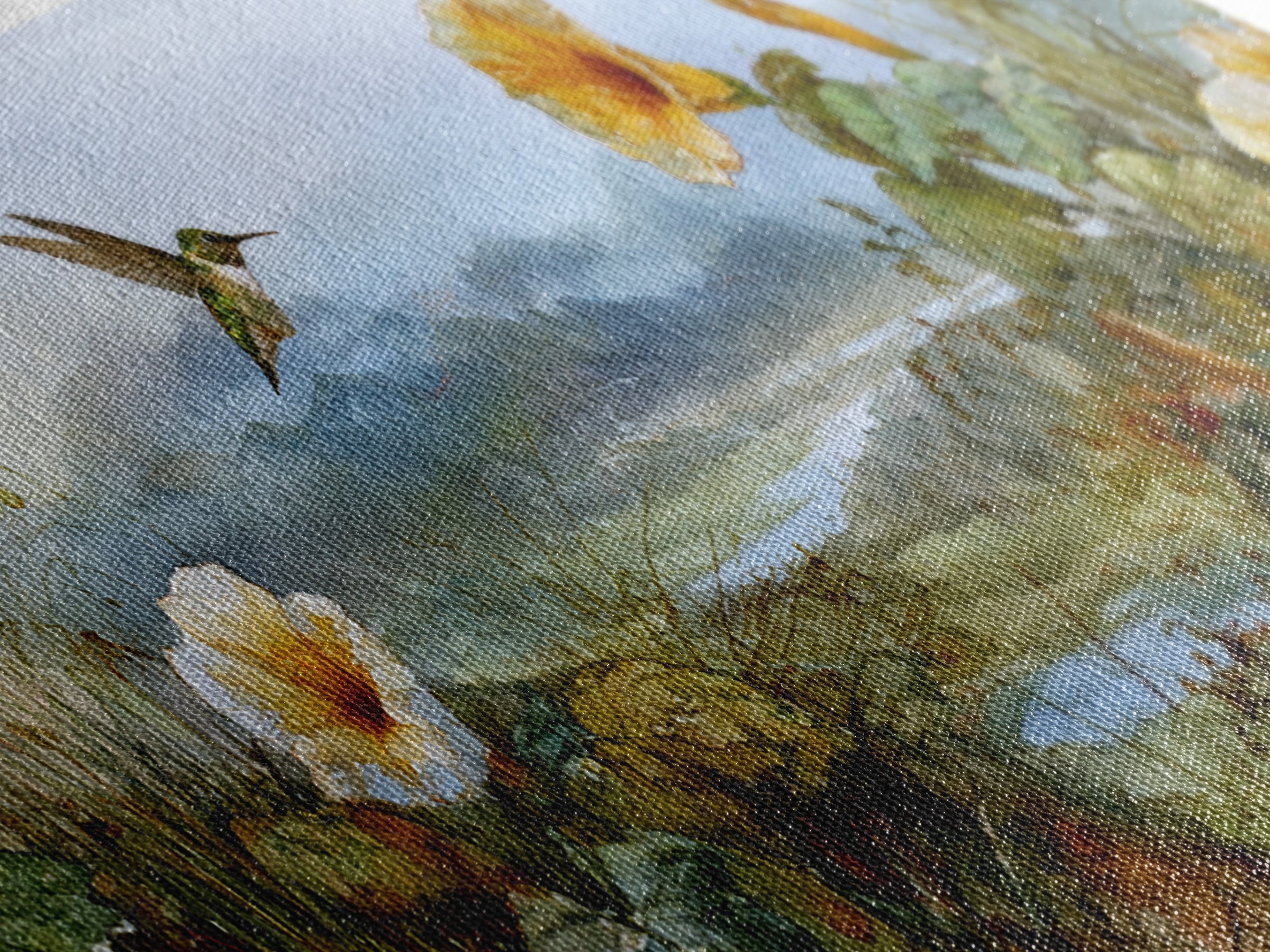 Hummingbird Beside Bright Trumpet Flowers Canvas Print, Nature Art, Moss Art, Living Room Decor, Watercolor Art, Nature, NAT-3x1-4