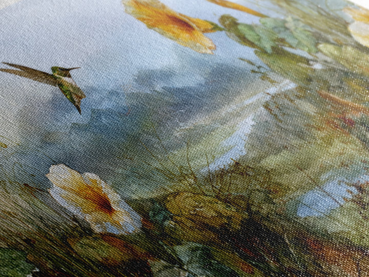 Hummingbird Beside Bright Trumpet Flowers Canvas Print, Nature Art, Moss Art, Living Room Decor, Watercolor Art, Nature, NAT-3x1-4