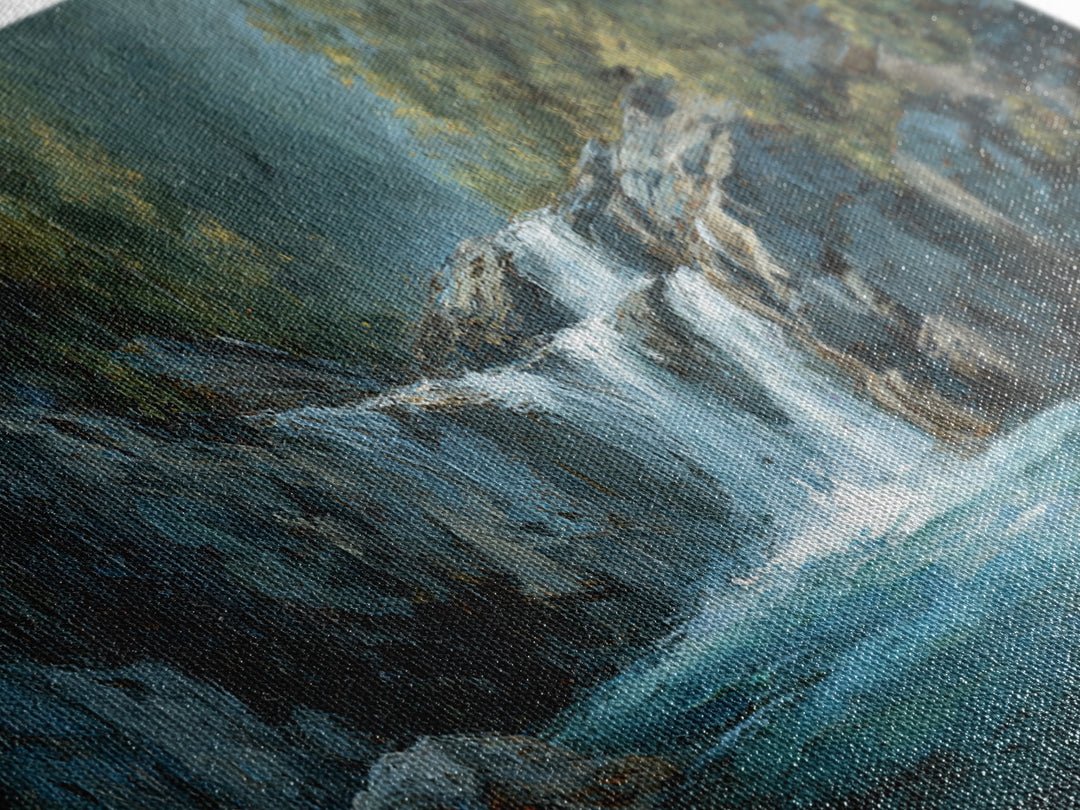 Waterfall Hidden Among Dark Green Rocks Canvas Print, Nature Art, Poster, Living Room Decor, Nature, Abstract Wall Art, NAT-3x1-43