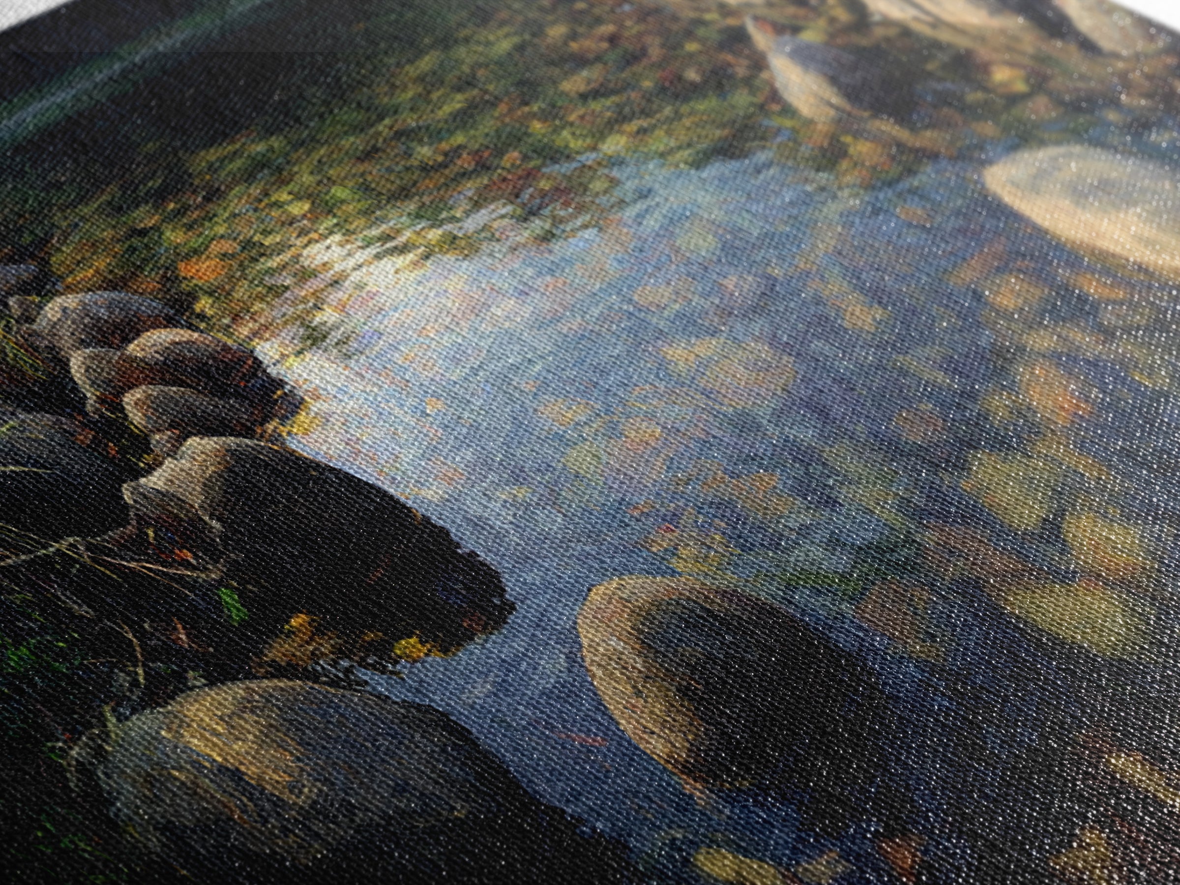 River Stones under Clear Shallow Water Framed Canvas Print, Nature Art, Living Room Decor, Watercolor Art, Nature, NAT-3x1-5