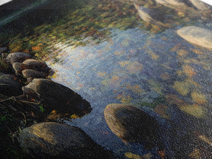 River Stones under Clear Shallow Water Framed Canvas Print, Nature Art, Living Room Decor, Watercolor Art, Nature, NAT-3x1-5