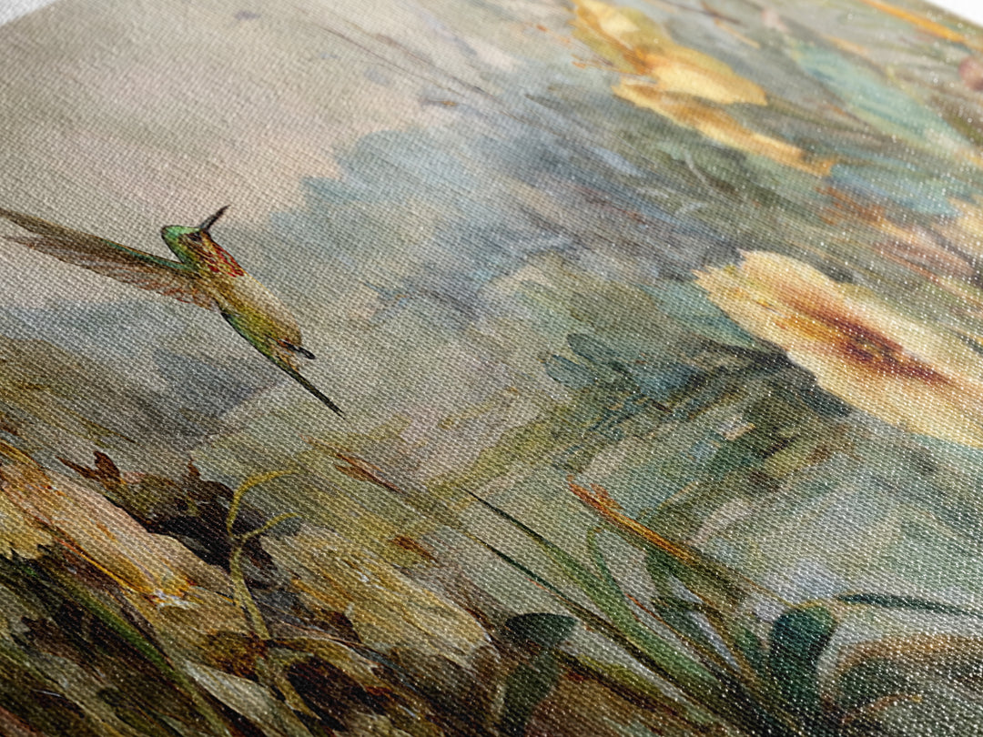 Hummingbird Beside Bright Trumpet Flowers Canvas Print, Nature Art, Home Decor, Living Room Decor, Oil Painting, Nature, NAT-3x1-76