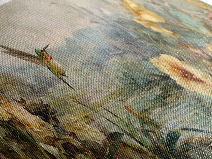 Hummingbird Beside Bright Trumpet Flowers Canvas Print, Nature Art, Home Decor, Living Room Decor, Oil Painting, Nature, NAT-3x1-76