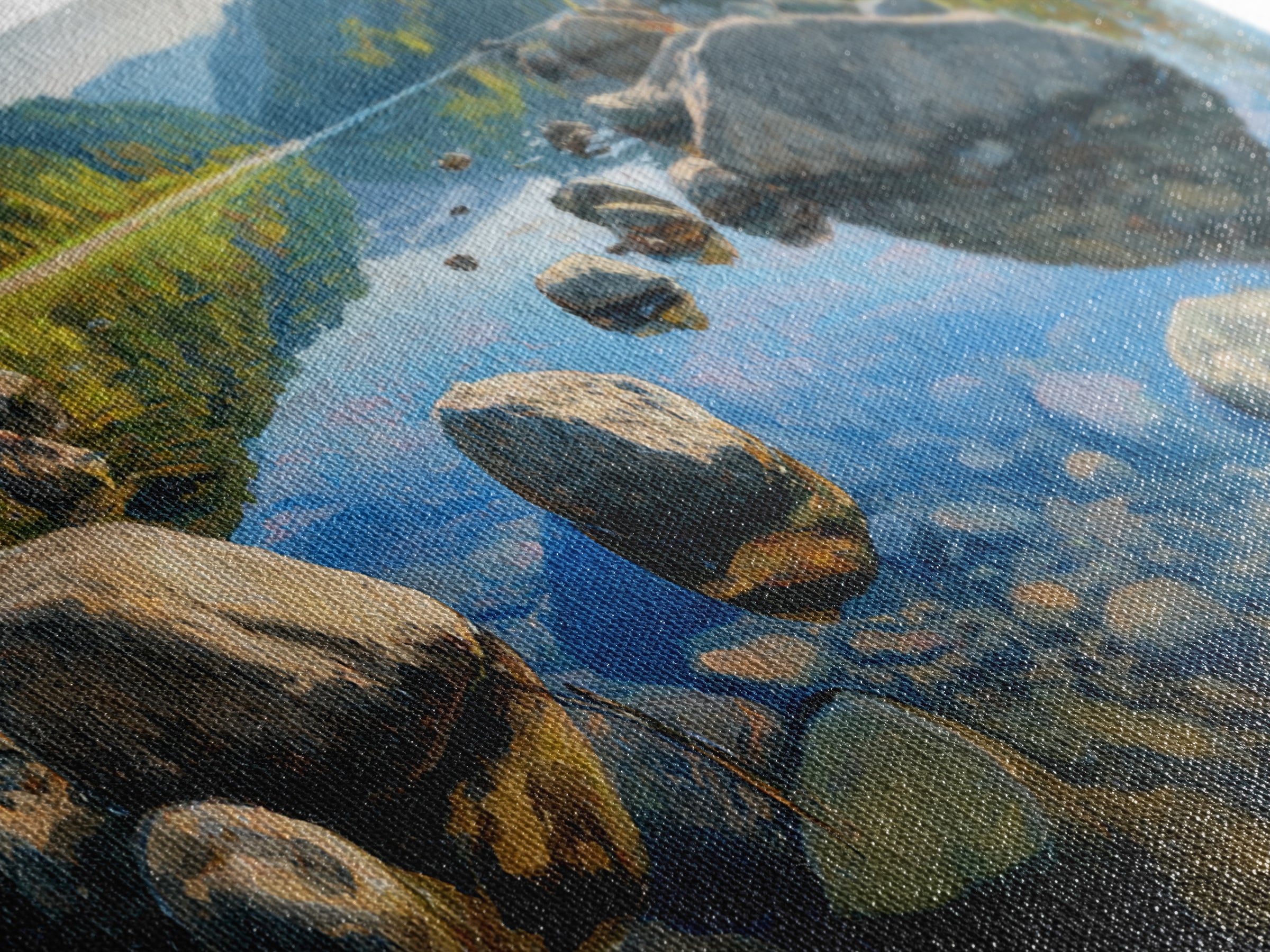 River Stones under Clear Shallow Water Framed Canvas Print, Nature Art, Stained Glass Art, Living Room Decor, Fine Art, Nature, NAT-3x1-77
