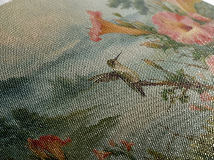 Hummingbird Beside Bright Trumpet Flowers Canvas Print, Nature Art, Living Room Decor, Watercolor Art, Nature, Ocean Art, NAT-3x2-16