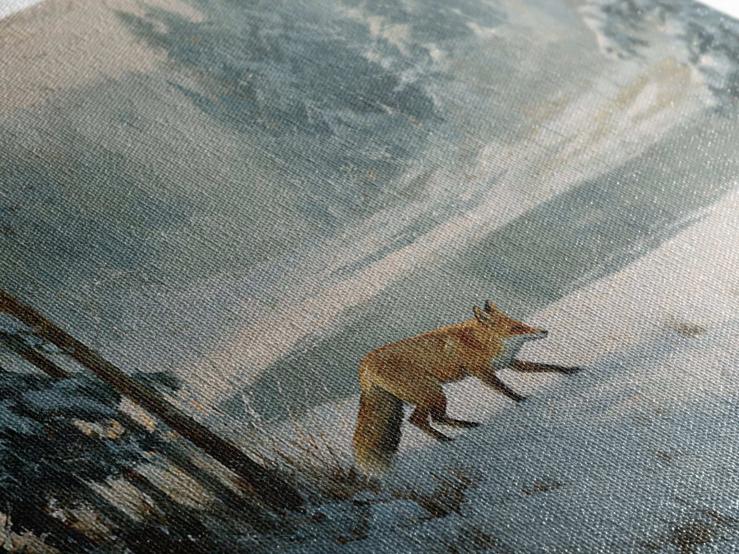 Fox Crossing a Snowy Forest Clearing Canvas Print, Nature Art, Wood Wall Art, Living Room Decor, Nature, Digital Download Art, NAT-3x2-38