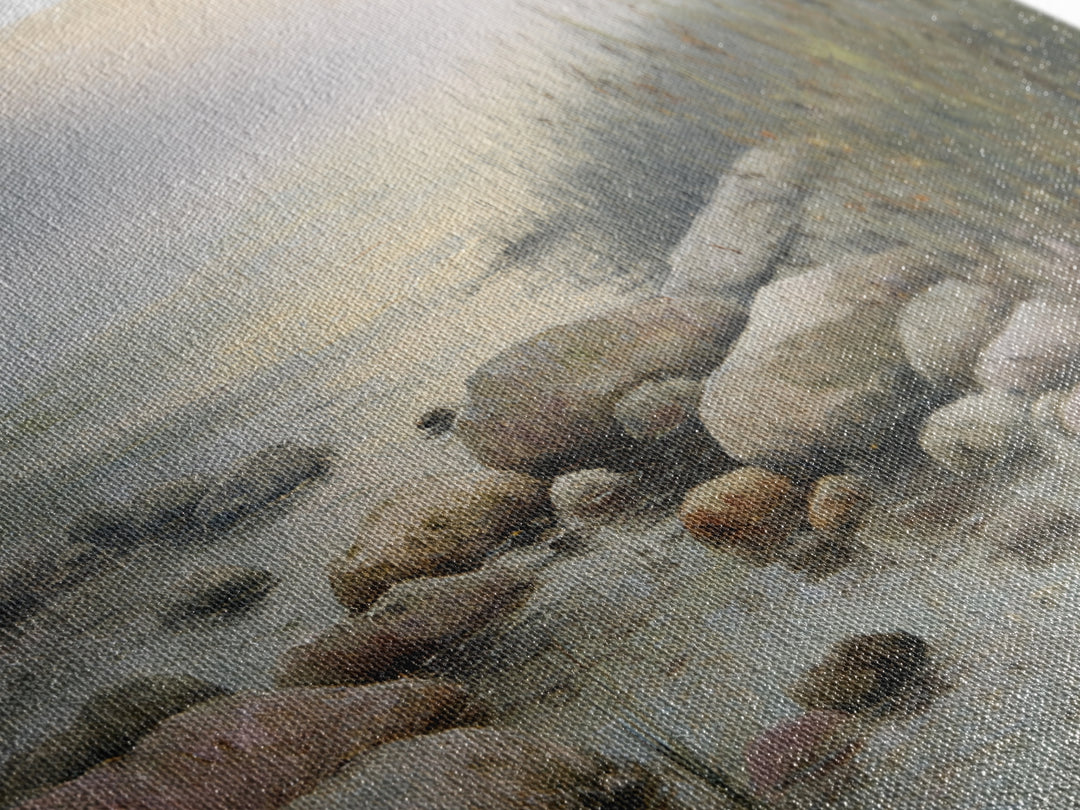 River Stones under Clear Shallow Water Framed Canvas Print, Nature Art, Moss Art, Living Room Decor, Watercolor Art, Nature, NAT-3x2-41