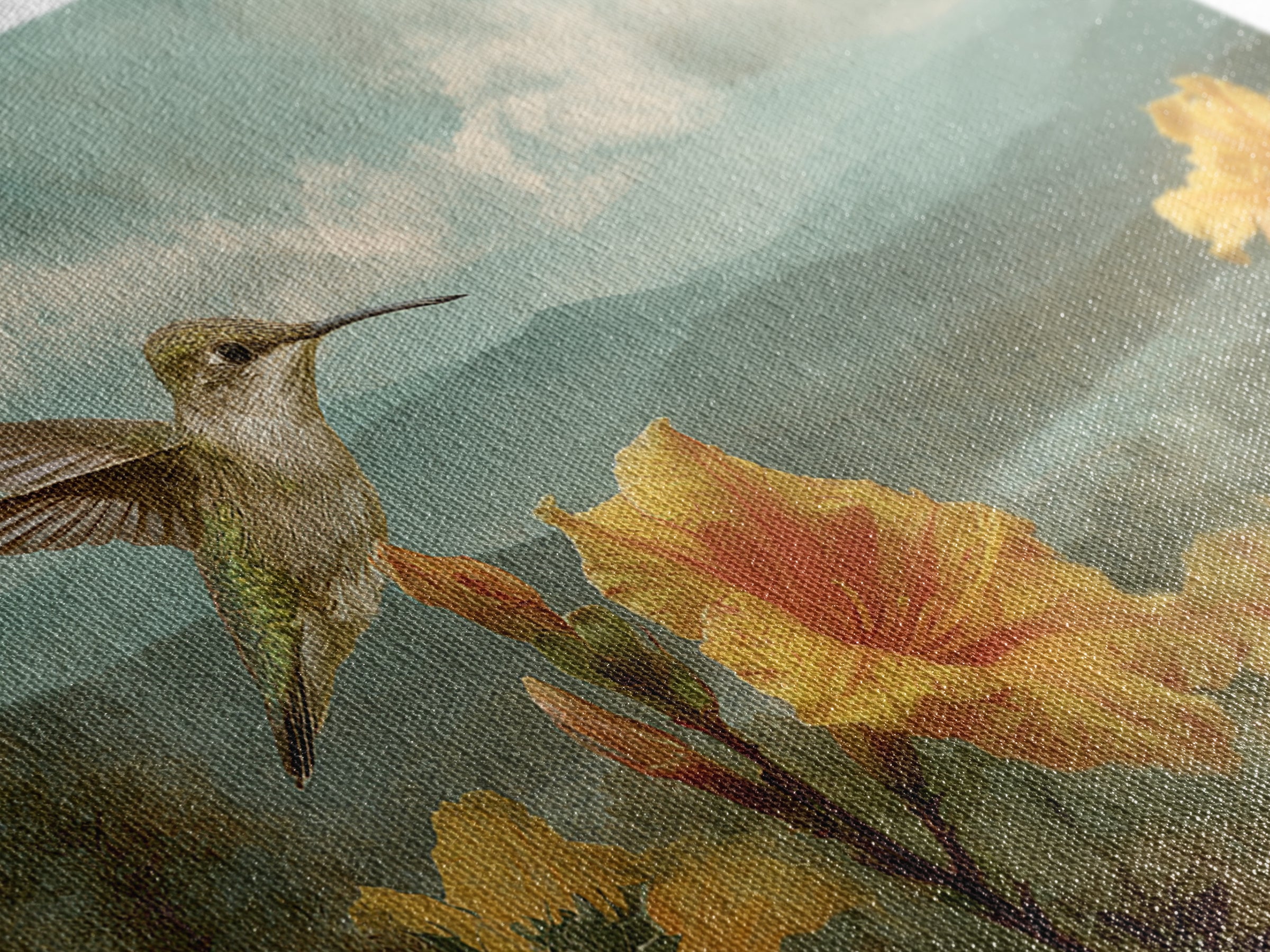 Hummingbird Beside Bright Trumpet Flowers Framed Canvas Print, Nature Art, Gallery Decor, Living Room Decor, Fine Art, Nature, NAT-3x2-64