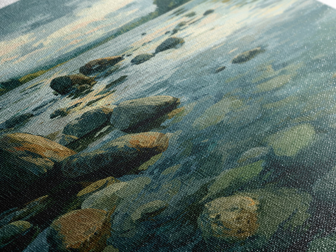 River Stones under Clear Shallow Water Framed Canvas Print, Nature Art, Moss Art, Living Room Decor, Watercolor Art, Nature, NAT-3x2-65