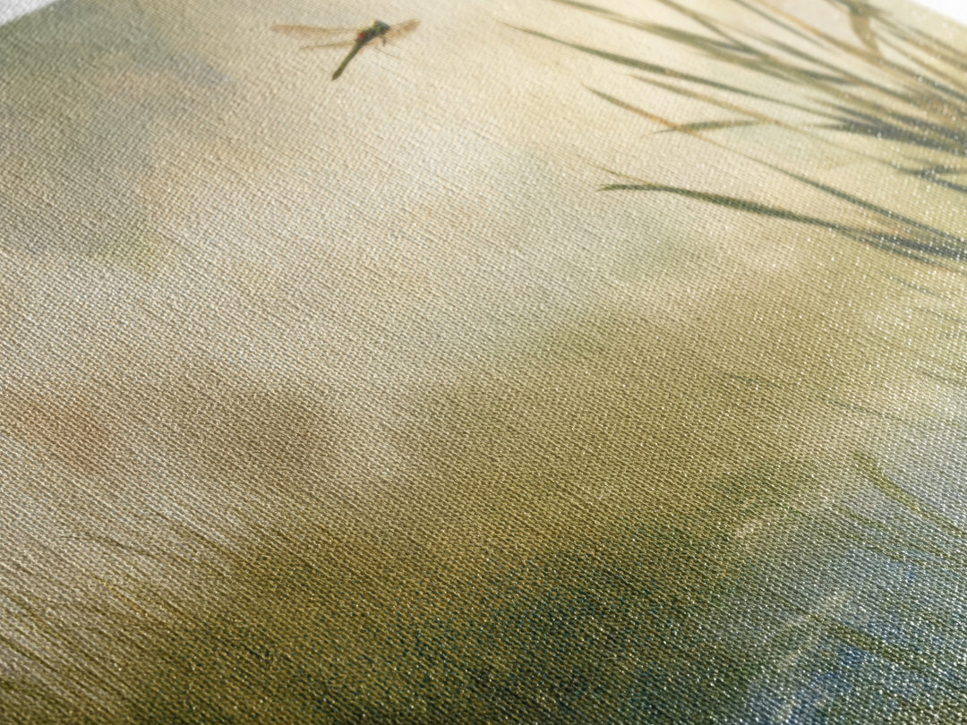 Dragonfly over a Pond with Reeds Framed Canvas Print, Nature Art, Abstract Wall Art, Living Room Decor, Fine Art, Nature, NAT-3x2-70